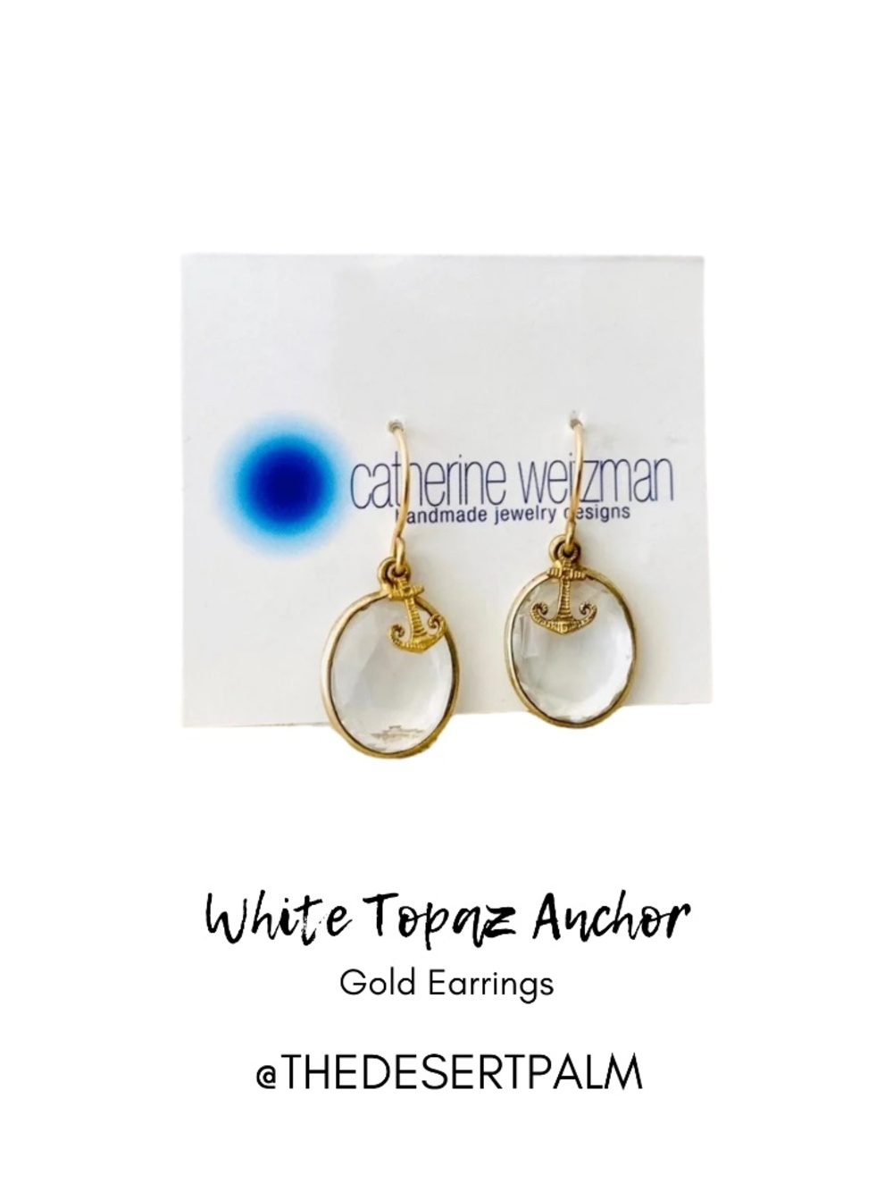 18K Gold Vermeil White Topaz Anchor Drop Earrings Handmade Hawaii NWT